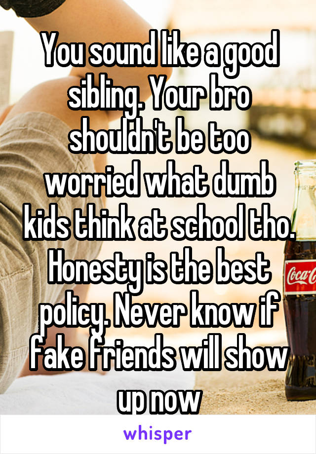 You sound like a good sibling. Your bro shouldn't be too worried what dumb kids think at school tho. Honesty is the best policy. Never know if fake friends will show up now