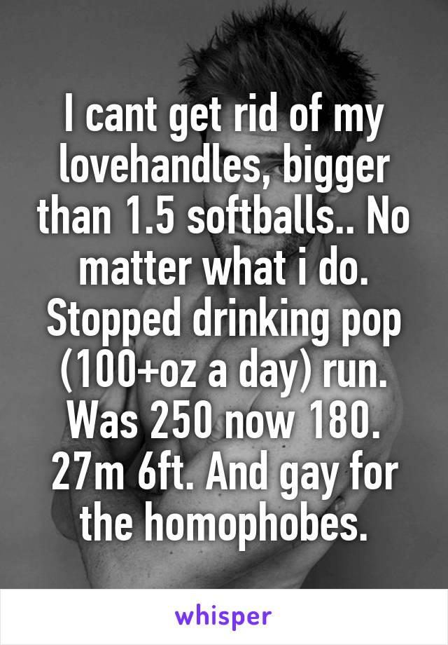I cant get rid of my lovehandles, bigger than 1.5 softballs.. No matter what i do. Stopped drinking pop (100+oz a day) run. Was 250 now 180. 27m 6ft. And gay for the homophobes.