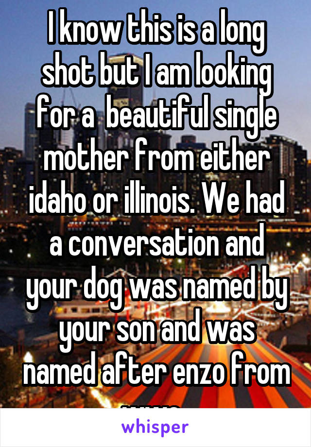 I know this is a long shot but I am looking for a  beautiful single mother from either idaho or illinois. We had a conversation and your dog was named by your son and was named after enzo from wwe. 
