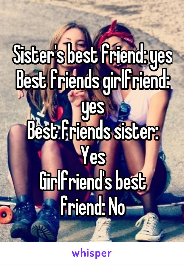 Sister's best friend: yes
Best friends girlfriend: yes
Best friends sister:
Yes
Girlfriend's best friend: No