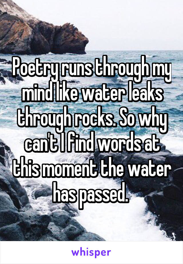 Poetry runs through my mind like water leaks through rocks. So why can't I find words at this moment the water has passed. 