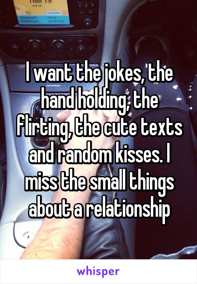 I want the jokes, the hand holding, the flirting, the cute texts and random kisses. I miss the small things about a relationship