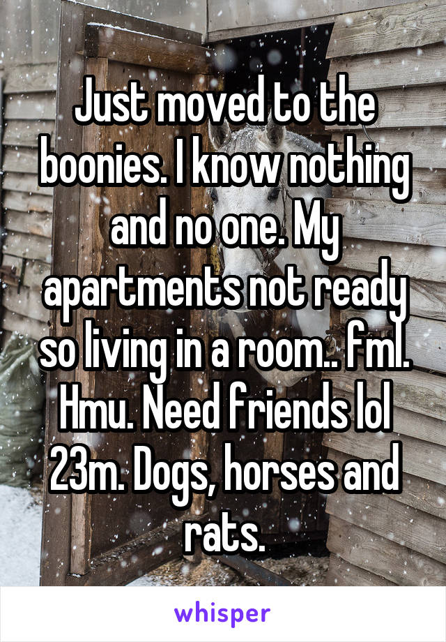 Just moved to the boonies. I know nothing and no one. My apartments not ready so living in a room.. fml. Hmu. Need friends lol 23m. Dogs, horses and rats.