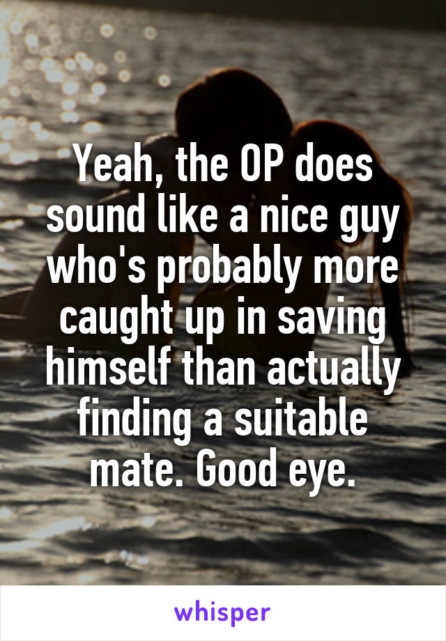 Yeah, the OP does sound like a nice guy who's probably more caught up in saving himself than actually finding a suitable mate. Good eye.