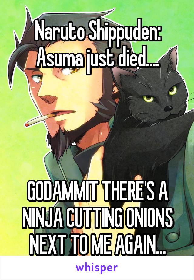 Naruto Shippuden: Asuma just died....




GODAMMIT THERE'S A NINJA CUTTING ONIONS NEXT TO ME AGAIN...