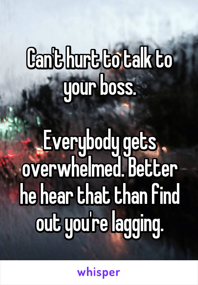 Can't hurt to talk to your boss.

Everybody gets overwhelmed. Better he hear that than find out you're lagging.