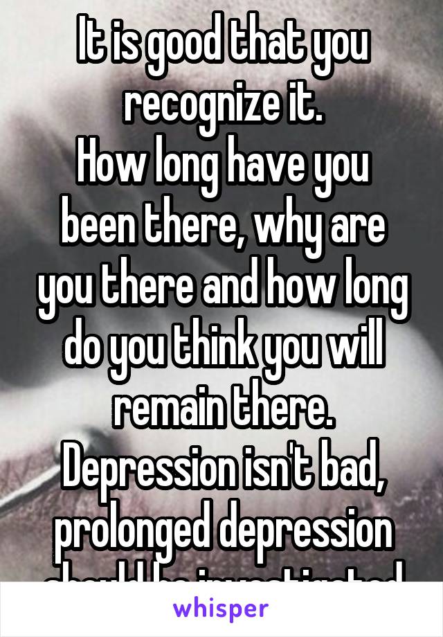 It is good that you recognize it.
How long have you been there, why are you there and how long do you think you will remain there.
Depression isn't bad, prolonged depression should be investigated