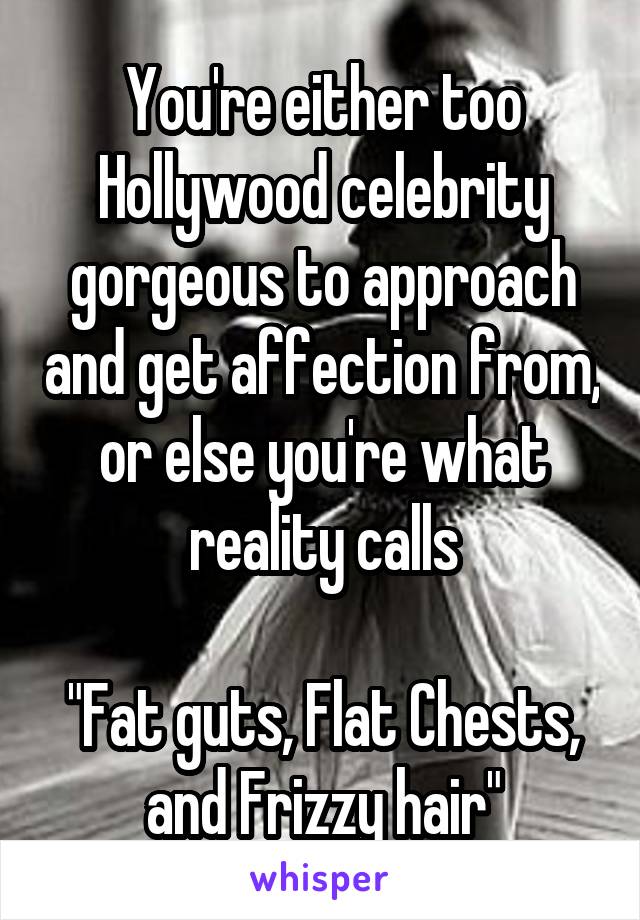 You're either too Hollywood celebrity gorgeous to approach and get affection from, or else you're what reality calls

"Fat guts, Flat Chests, and Frizzy hair"
