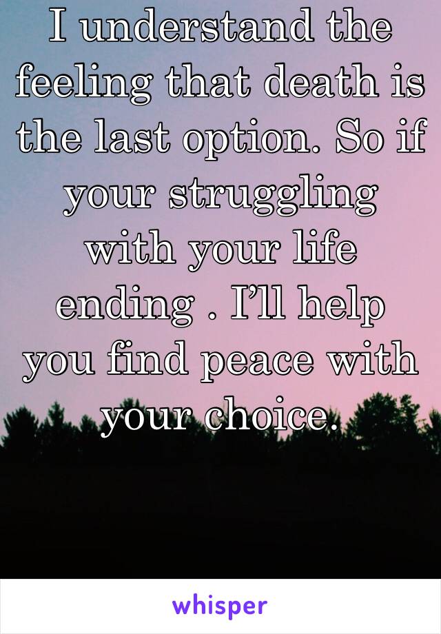 I understand the feeling that death is the last option. So if your struggling with your life ending . I’ll help you find peace with your choice.