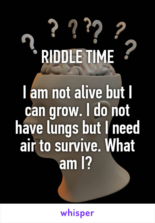 RIDDLE TIME

I am not alive but I can grow. I do not have lungs but I need air to survive. What am I? 