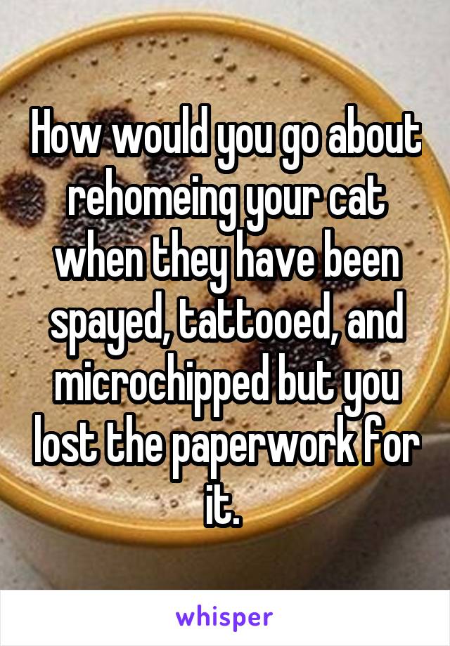How would you go about rehomeing your cat when they have been spayed, tattooed, and microchipped but you lost the paperwork for it. 