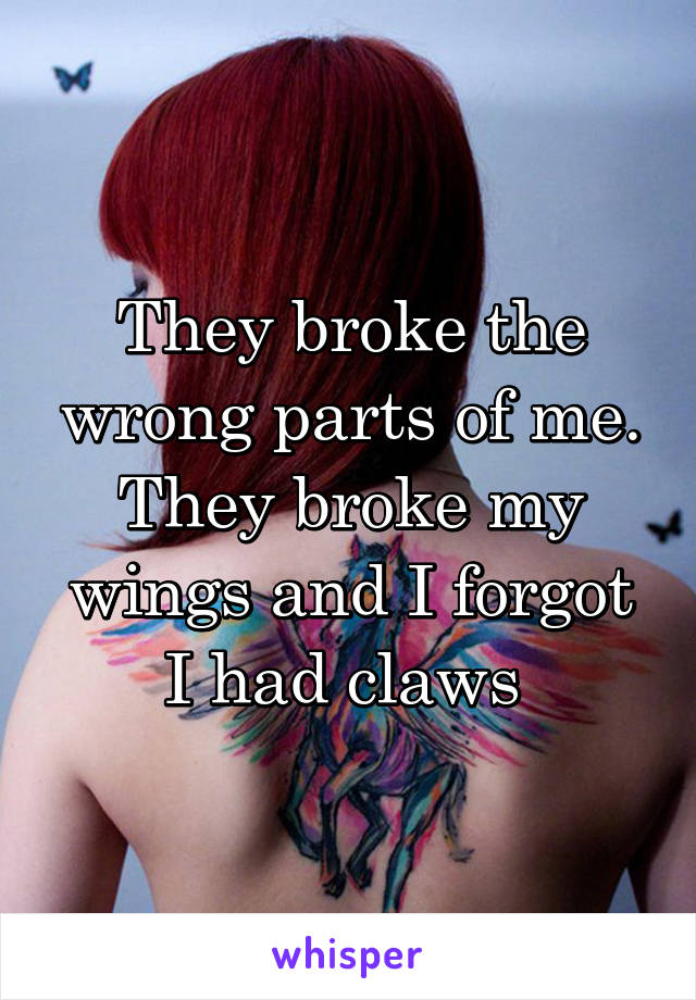 They broke the wrong parts of me. They broke my wings and I forgot I had claws 