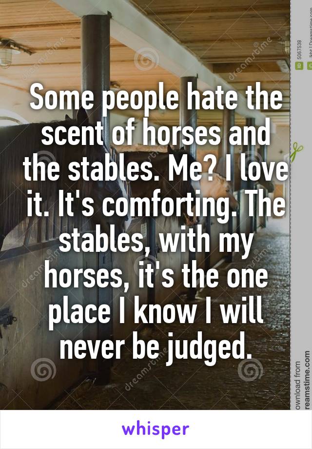 Some people hate the scent of horses and the stables. Me? I love it. It's comforting. The stables, with my horses, it's the one place I know I will never be judged.
