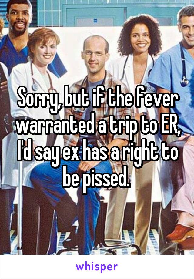 Sorry, but if the fever warranted a trip to ER, I'd say ex has a right to be pissed. 