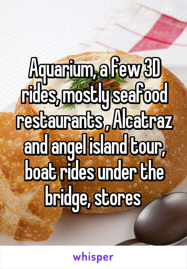 Aquarium, a few 3D rides, mostly seafood restaurants , Alcatraz and angel island tour, boat rides under the bridge, stores 