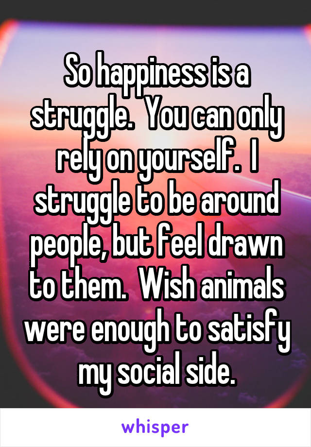 So happiness is a struggle.  You can only rely on yourself.  I struggle to be around people, but feel drawn to them.  Wish animals were enough to satisfy my social side.