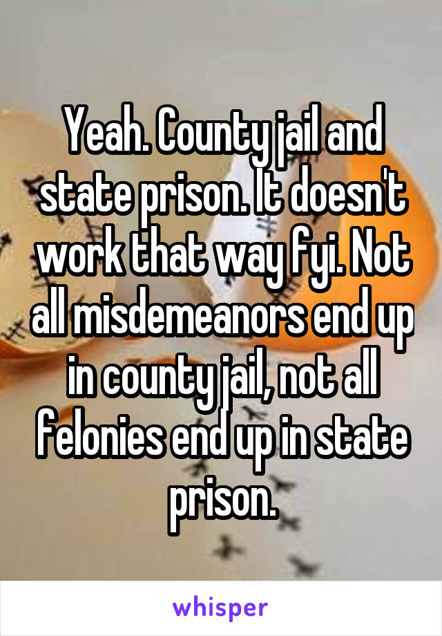 Yeah. County jail and state prison. It doesn't work that way fyi. Not all misdemeanors end up in county jail, not all felonies end up in state prison.