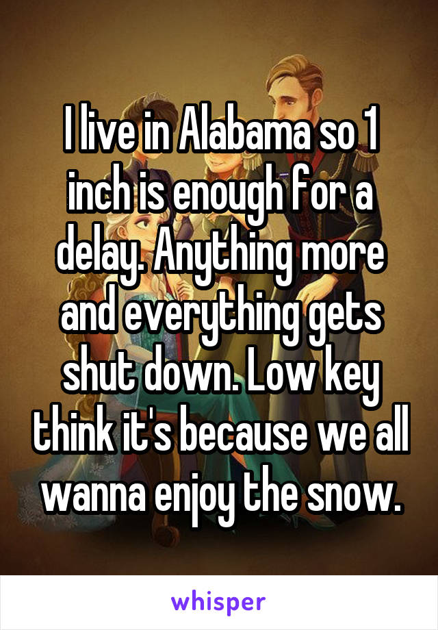 I live in Alabama so 1 inch is enough for a delay. Anything more and everything gets shut down. Low key think it's because we all wanna enjoy the snow.