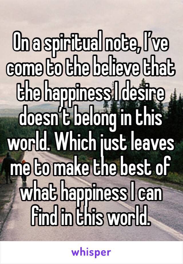 On a spiritual note, I’ve come to the believe that the happiness I desire doesn’t belong in this world. Which just leaves me to make the best of what happiness I can find in this world.
