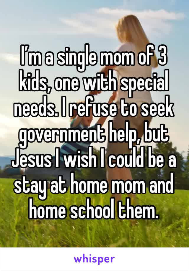 I’m a single mom of 3 kids, one with special needs. I refuse to seek government help, but Jesus I wish I could be a stay at home mom and home school them. 