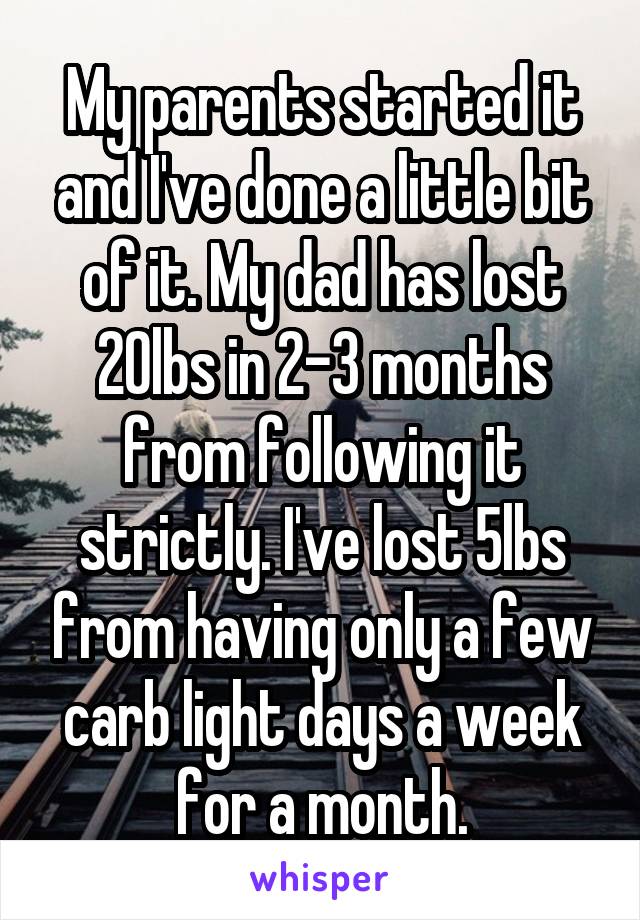 My parents started it and I've done a little bit of it. My dad has lost 20lbs in 2-3 months from following it strictly. I've lost 5lbs from having only a few carb light days a week for a month.