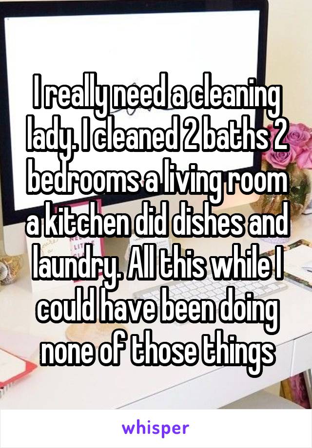I really need a cleaning lady. I cleaned 2 baths 2 bedrooms a living room a kitchen did dishes and laundry. All this while I could have been doing none of those things