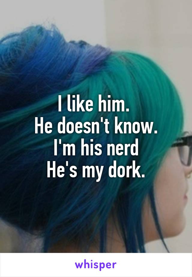 I like him. 
He doesn't know.
I'm his nerd
He's my dork.