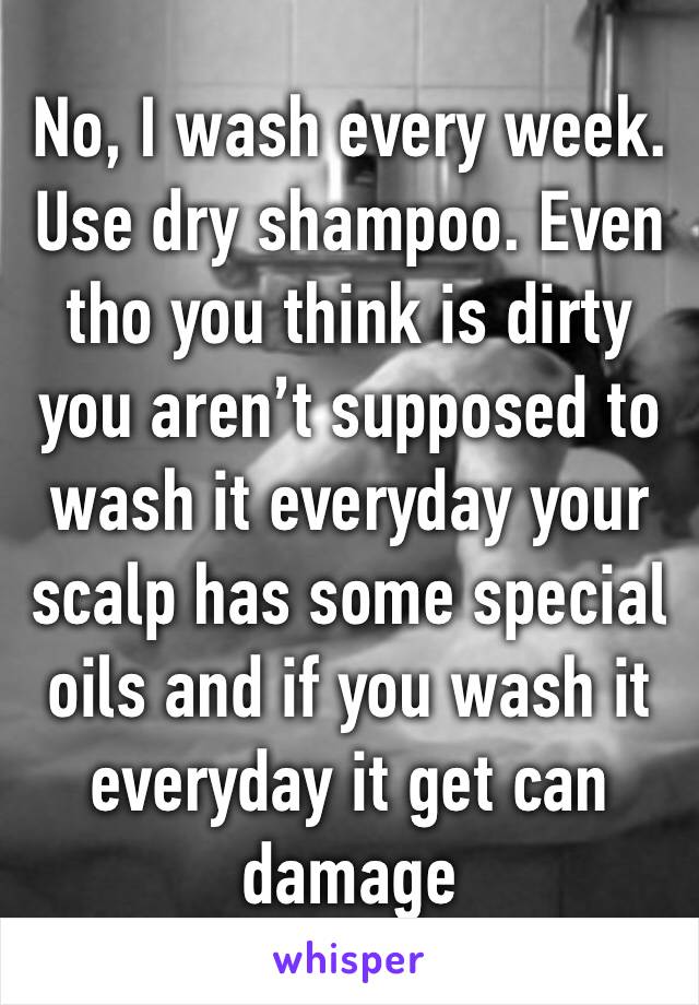 No, I wash every week. Use dry shampoo. Even tho you think is dirty you aren’t supposed to wash it everyday your scalp has some special oils and if you wash it everyday it get can damage