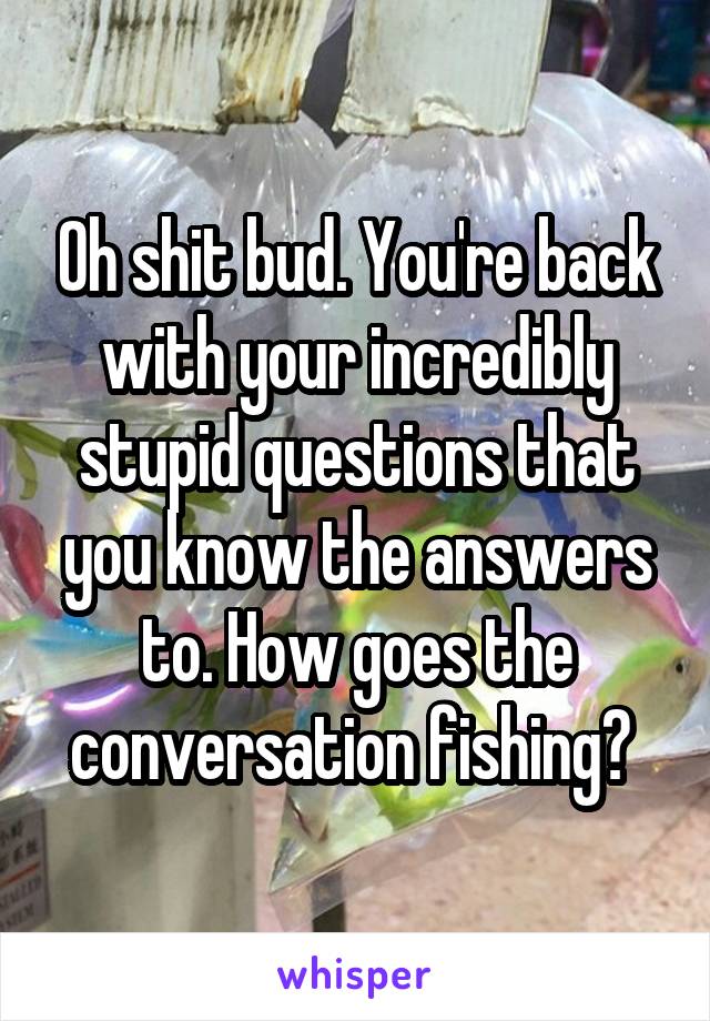 Oh shit bud. You're back with your incredibly stupid questions that you know the answers to. How goes the conversation fishing? 