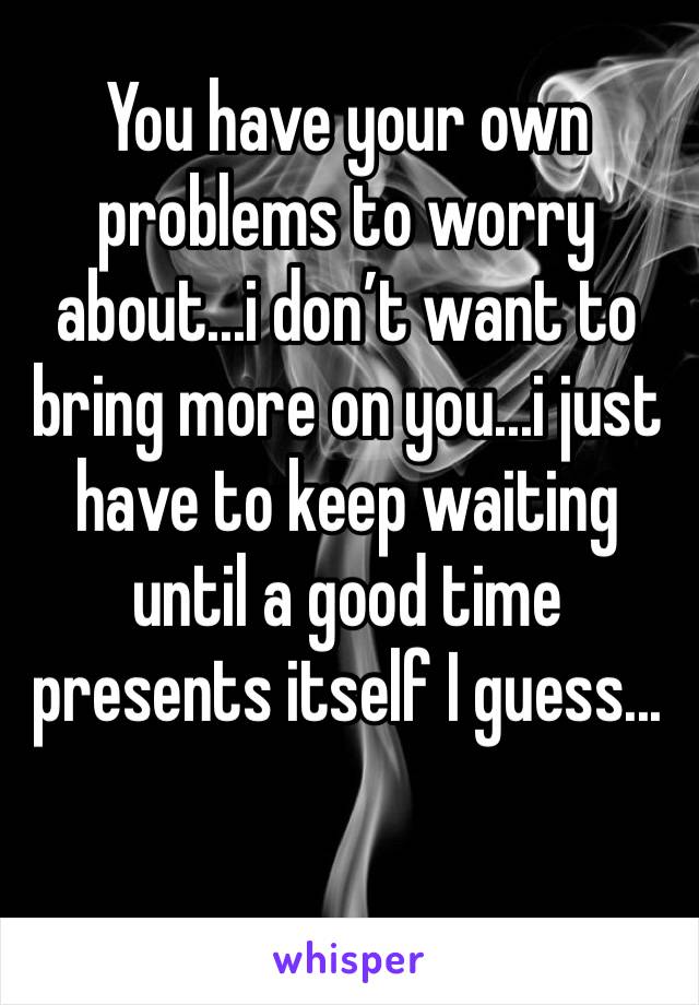 You have your own problems to worry about...i don’t want to bring more on you...i just have to keep waiting until a good time presents itself I guess...