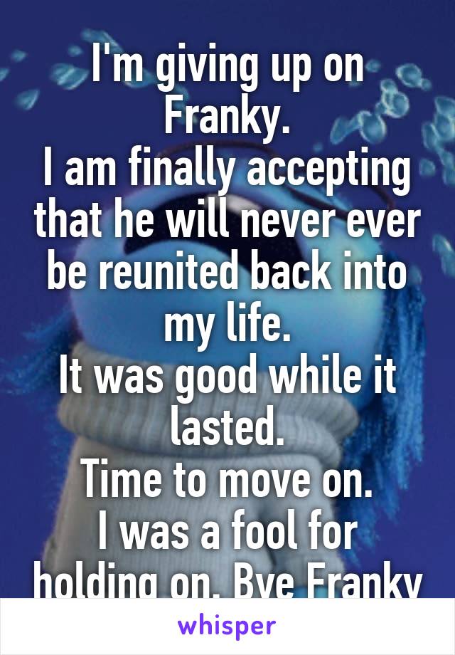 I'm giving up on Franky.
I am finally accepting that he will never ever be reunited back into my life.
It was good while it lasted.
Time to move on.
I was a fool for holding on. Bye Franky