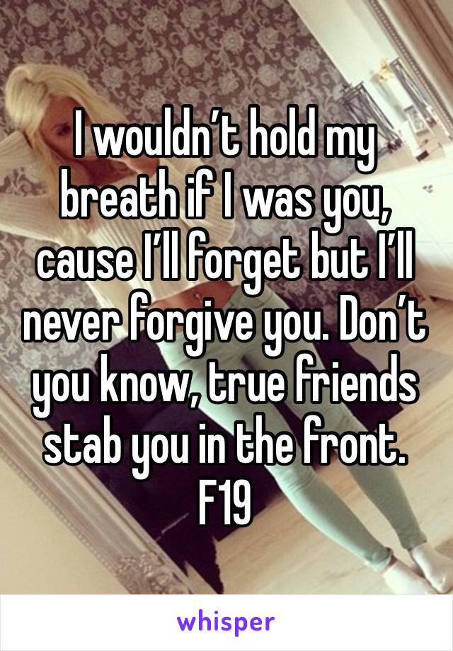 I wouldn’t hold my breath if I was you, cause I’ll forget but I’ll never forgive you. Don’t you know, true friends stab you in the front. 
F19 