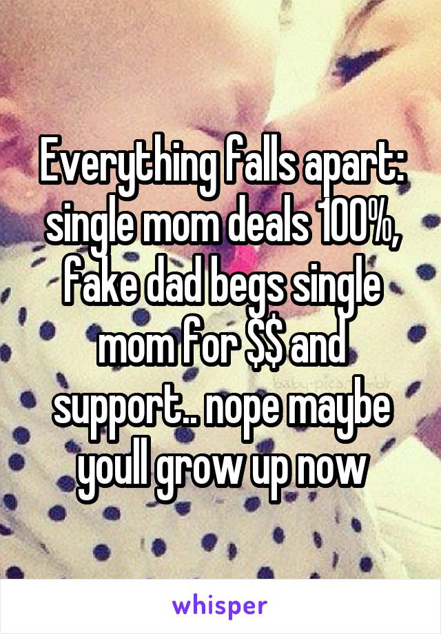 Everything falls apart: single mom deals 100%, fake dad begs single mom for $$ and support.. nope maybe youll grow up now