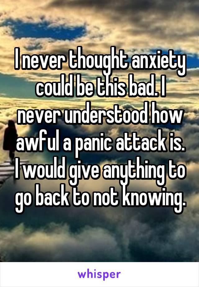 I never thought anxiety could be this bad. I never understood how awful a panic attack is. I would give anything to go back to not knowing. 