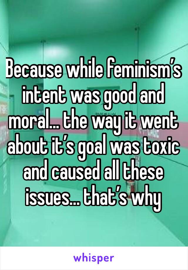 Because while feminism’s intent was good and moral... the way it went about it’s goal was toxic and caused all these issues... that’s why 