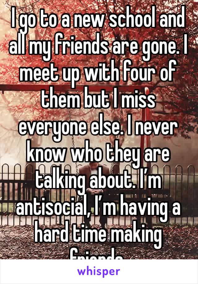 I go to a new school and all my friends are gone. I meet up with four of them but I miss everyone else. I never know who they are talking about. I’m antisocial, I’m having a hard time making friends.