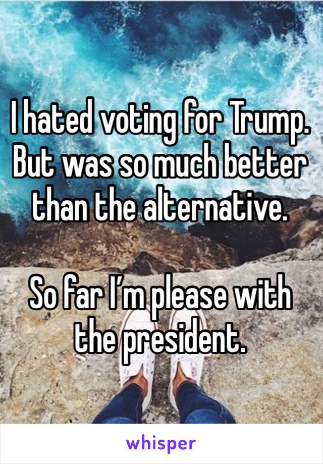 I hated voting for Trump. But was so much better than the alternative.  

So far I’m please with the president. 