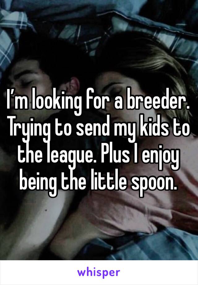 I’m looking for a breeder. Trying to send my kids to the league. Plus I enjoy being the little spoon. 