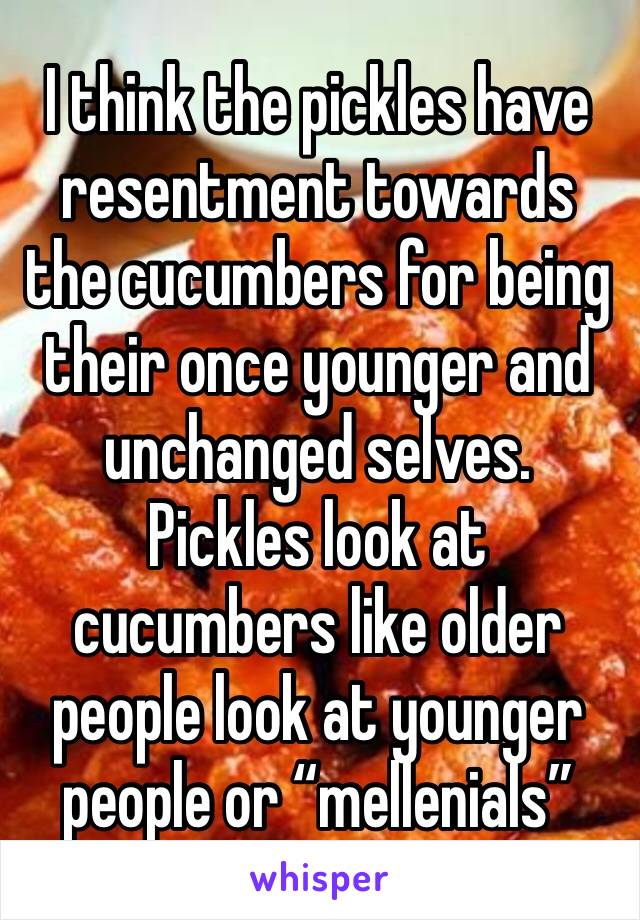 I think the pickles have resentment towards the cucumbers for being their once younger and unchanged selves. Pickles look at cucumbers like older people look at younger people or “mellenials”