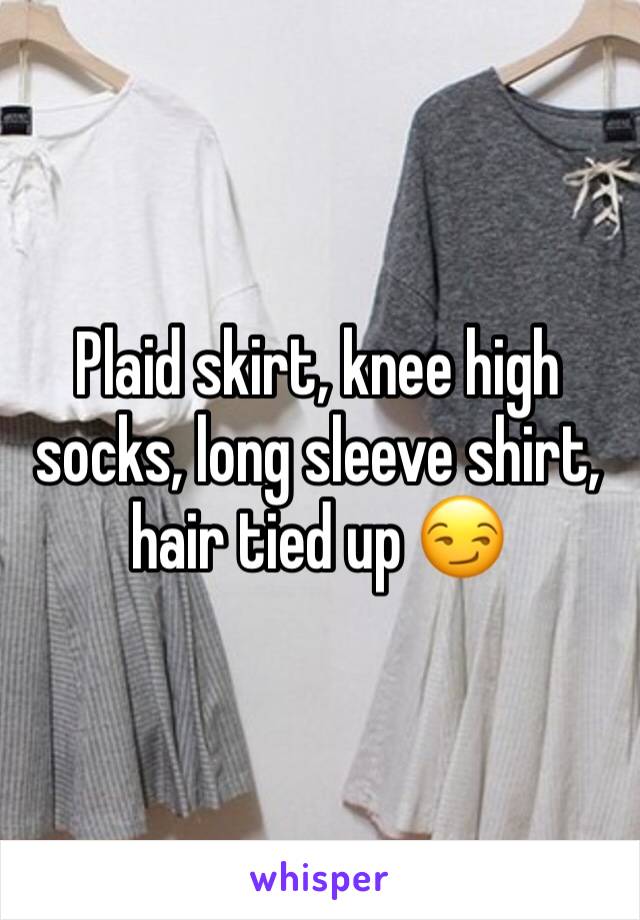 Plaid skirt, knee high socks, long sleeve shirt, hair tied up 😏