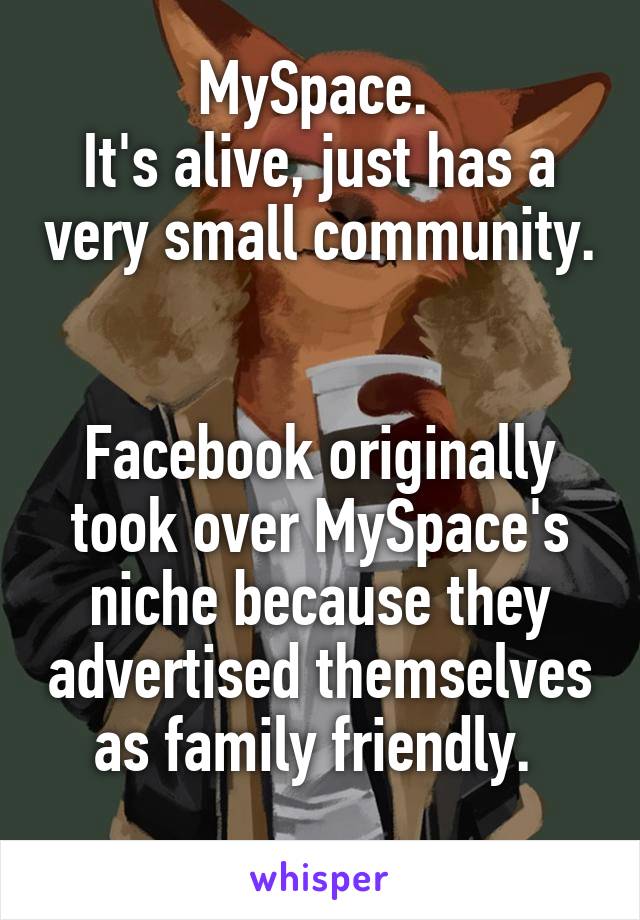 MySpace. 
It's alive, just has a very small community. 

Facebook originally took over MySpace's niche because they advertised themselves as family friendly. 
