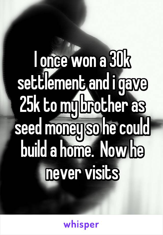 I once won a 30k settlement and i gave 25k to my brother as seed money so he could build a home.  Now he never visits