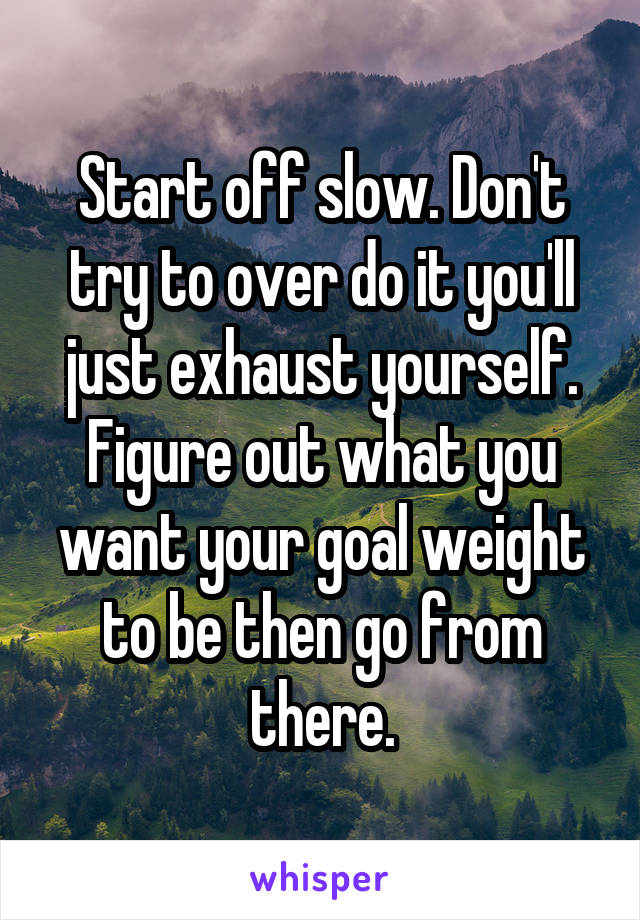 Start off slow. Don't try to over do it you'll just exhaust yourself. Figure out what you want your goal weight to be then go from there.