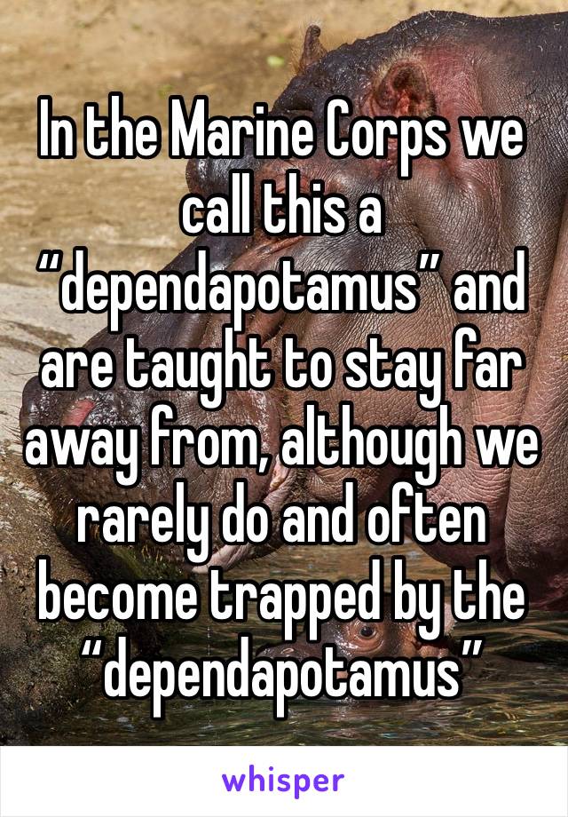 In the Marine Corps we call this a “dependapotamus” and are taught to stay far away from, although we rarely do and often become trapped by the “dependapotamus”