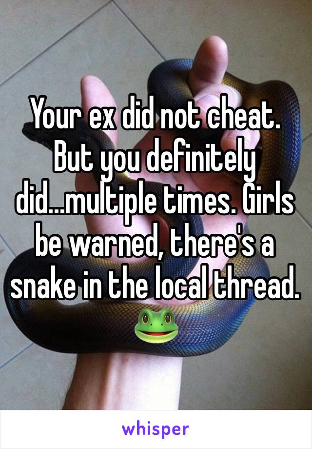 Your ex did not cheat. But you definitely did...multiple times. Girls be warned, there's a snake in the local thread. 🐸