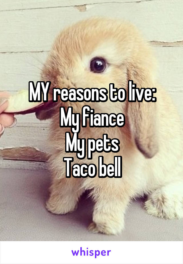 MY reasons to live:
My fiance
My pets
Taco bell
