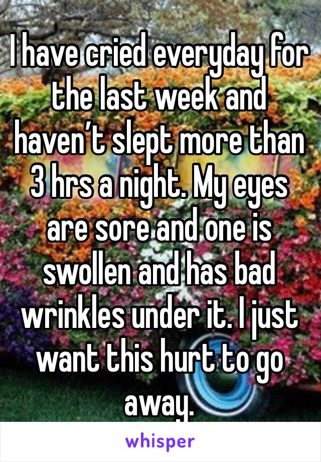 I have cried everyday for the last week and haven’t slept more than 3 hrs a night. My eyes are sore and one is swollen and has bad wrinkles under it. I just want this hurt to go away. 