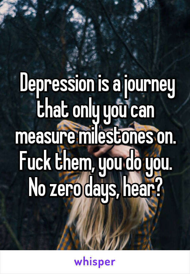  Depression is a journey that only you can measure milestones on. Fuck them, you do you. No zero days, hear?
