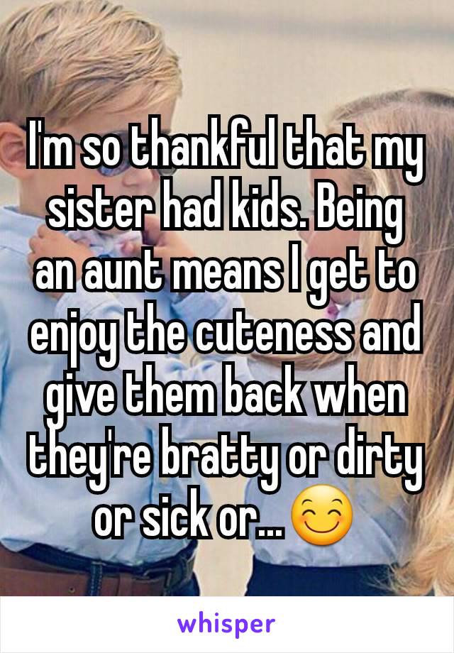 I'm so thankful that my sister had kids. Being an aunt means I get to enjoy the cuteness and give them back when they're bratty or dirty or sick or...😊