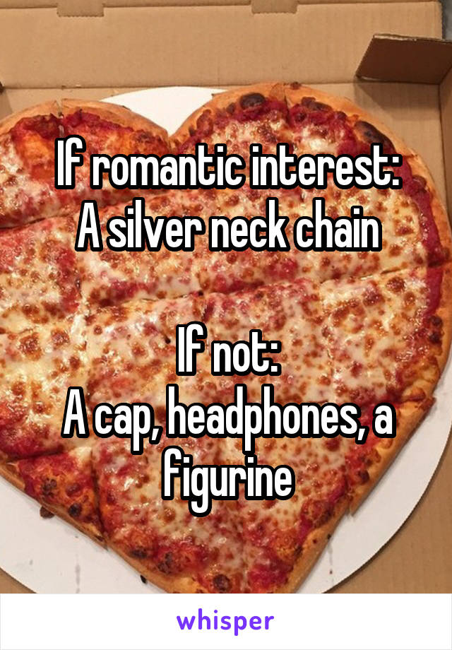 If romantic interest:
A silver neck chain

If not:
A cap, headphones, a figurine